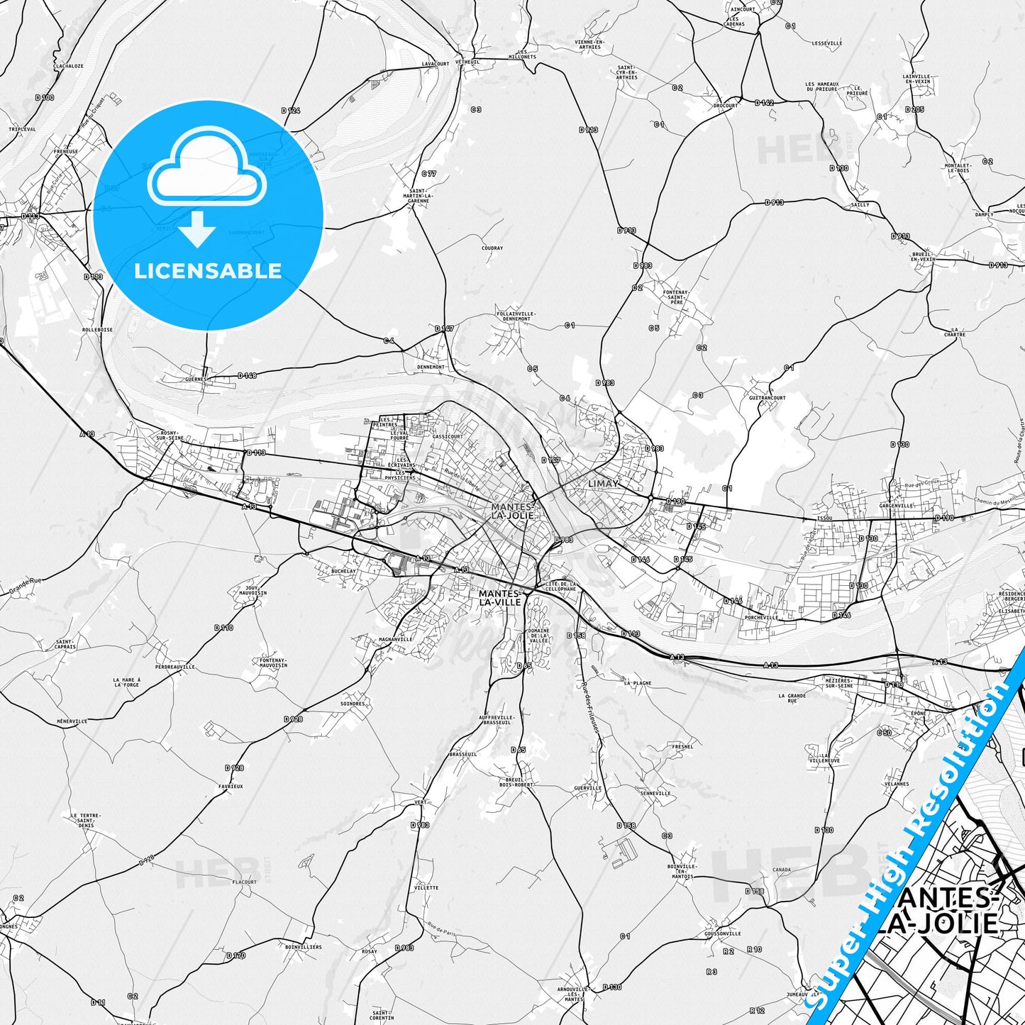 Mantes-la-Jolie, France light map with streetnames, citynames and districts