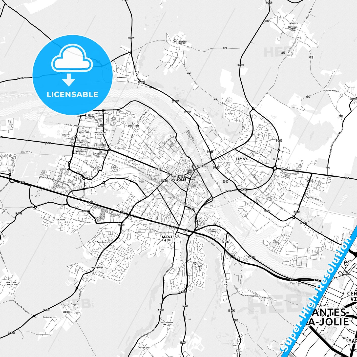 Mantes-la-Jolie, France Light Map with Street Names, City Names, and Districts