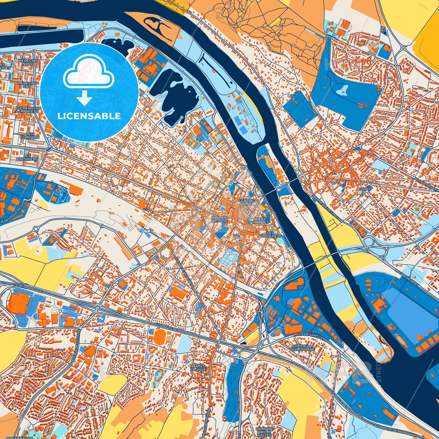 Colorful Mantes-la-Jolie Street Map with Labels and Buildings