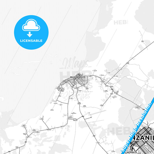 Manzanillo, Cuba light map with streetnames, citynames and districts