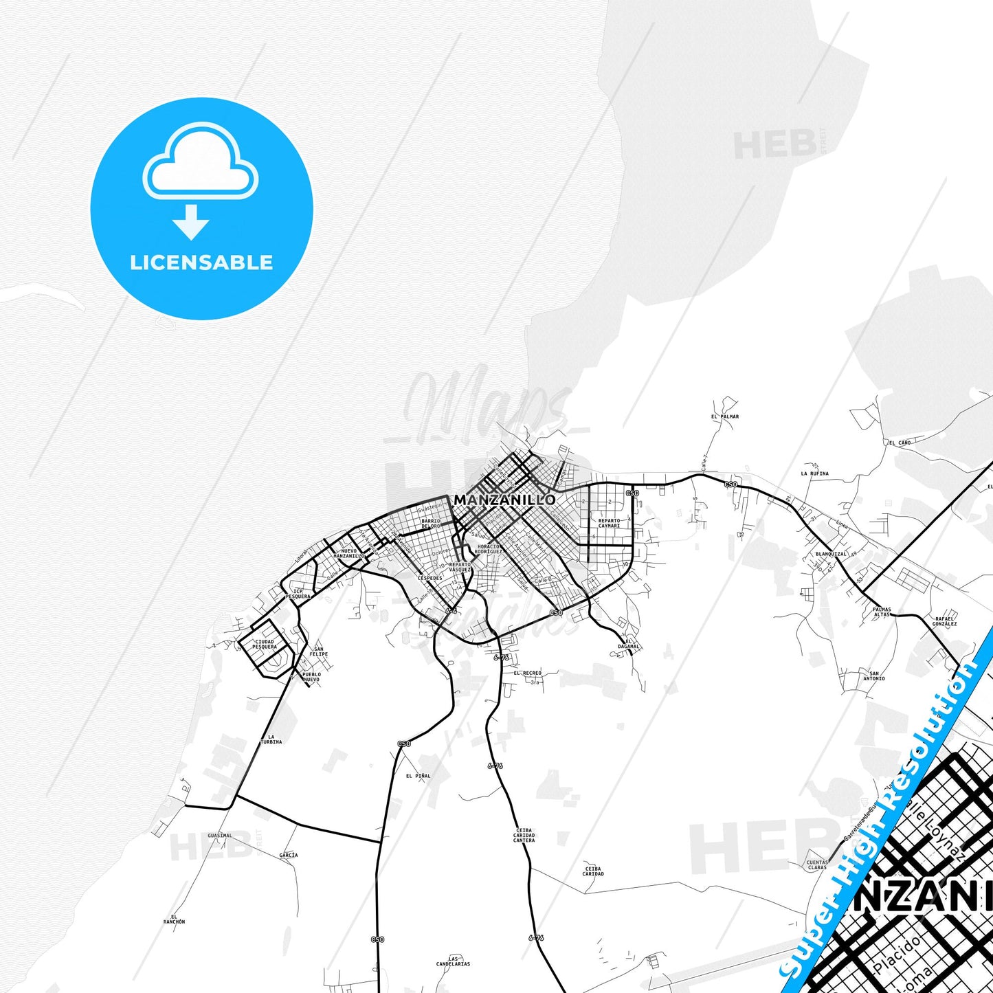 Manzanillo, Cuba Light Map with Street Names, City Names, and Districts