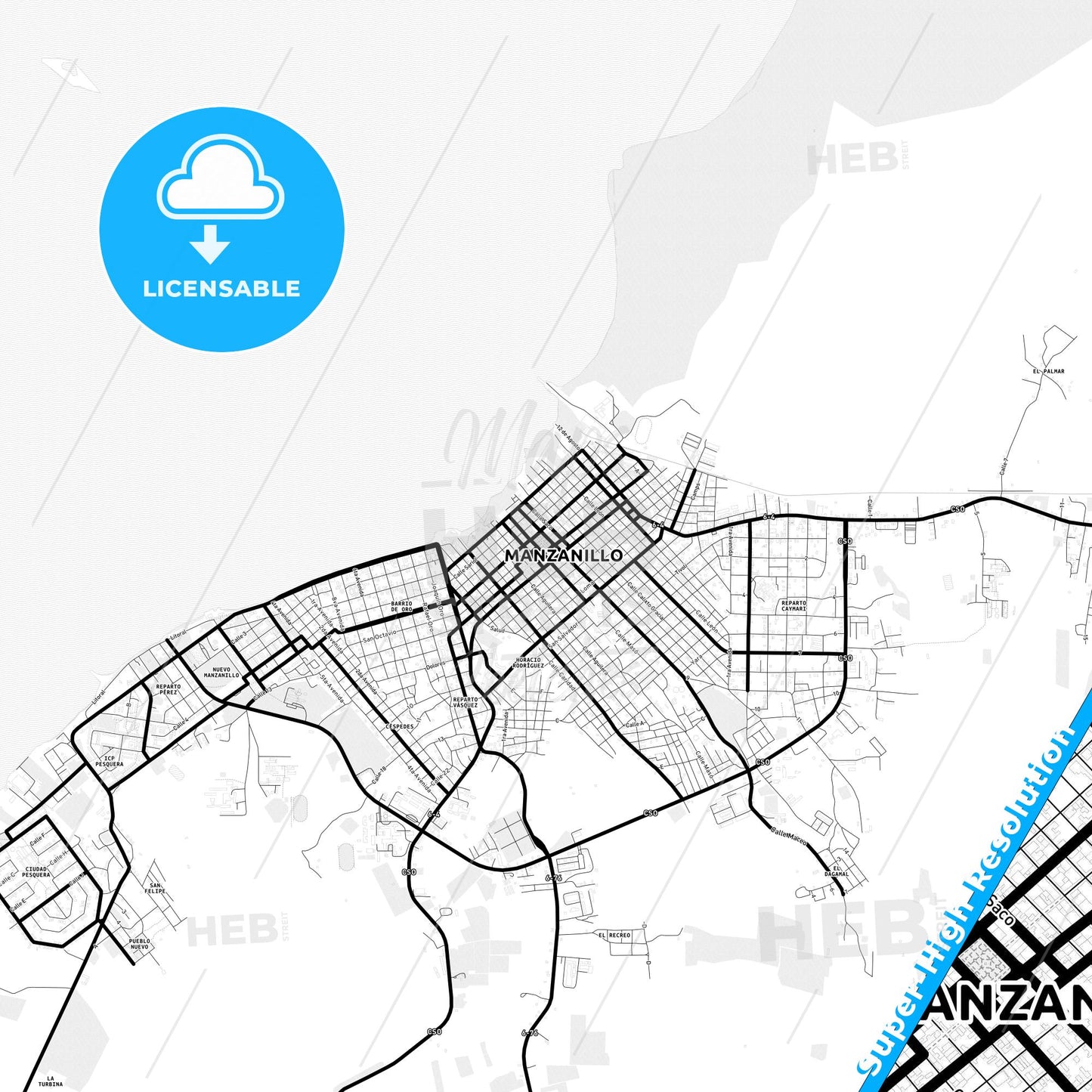 Manzanillo, Cuba Light Map with Street Names, City Names, and Districts