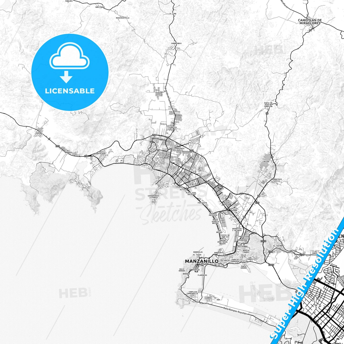 Manzanillo, Mexico light map with streetnames, citynames and districts
