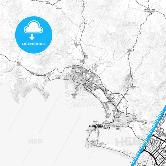 Manzanillo, Mexico light map with streetnames, citynames and districts