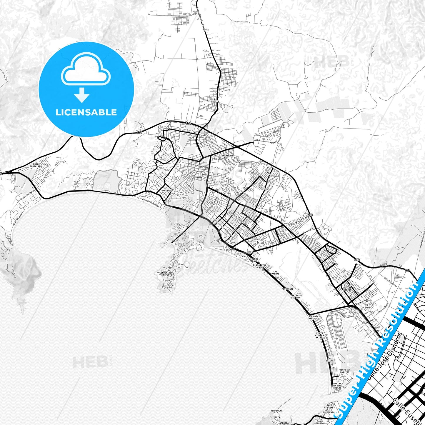 Manzanillo, Mexico Light Map with Street Names, City Names, and Districts