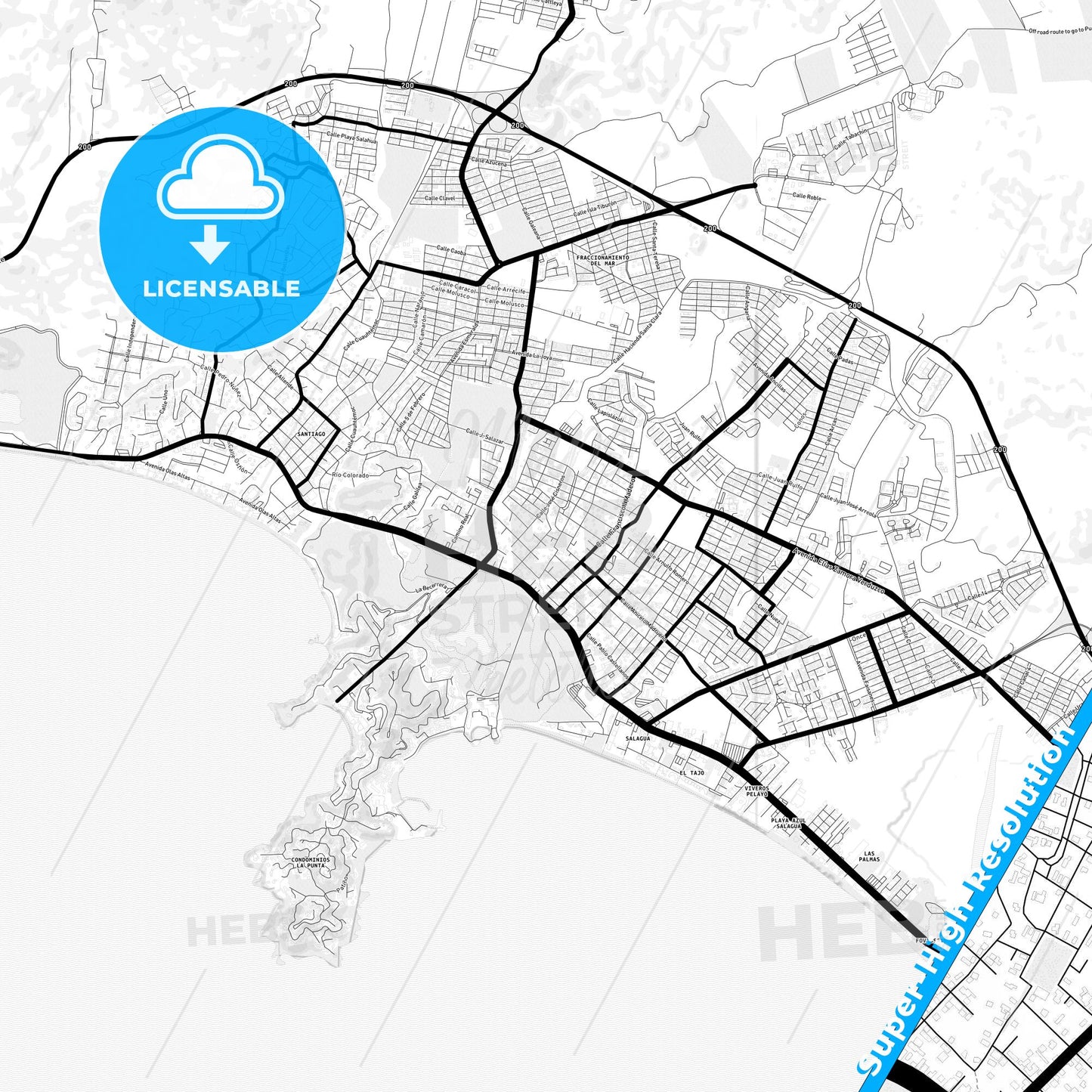Manzanillo, Mexico Light Map with Street Names, City Names, and Districts