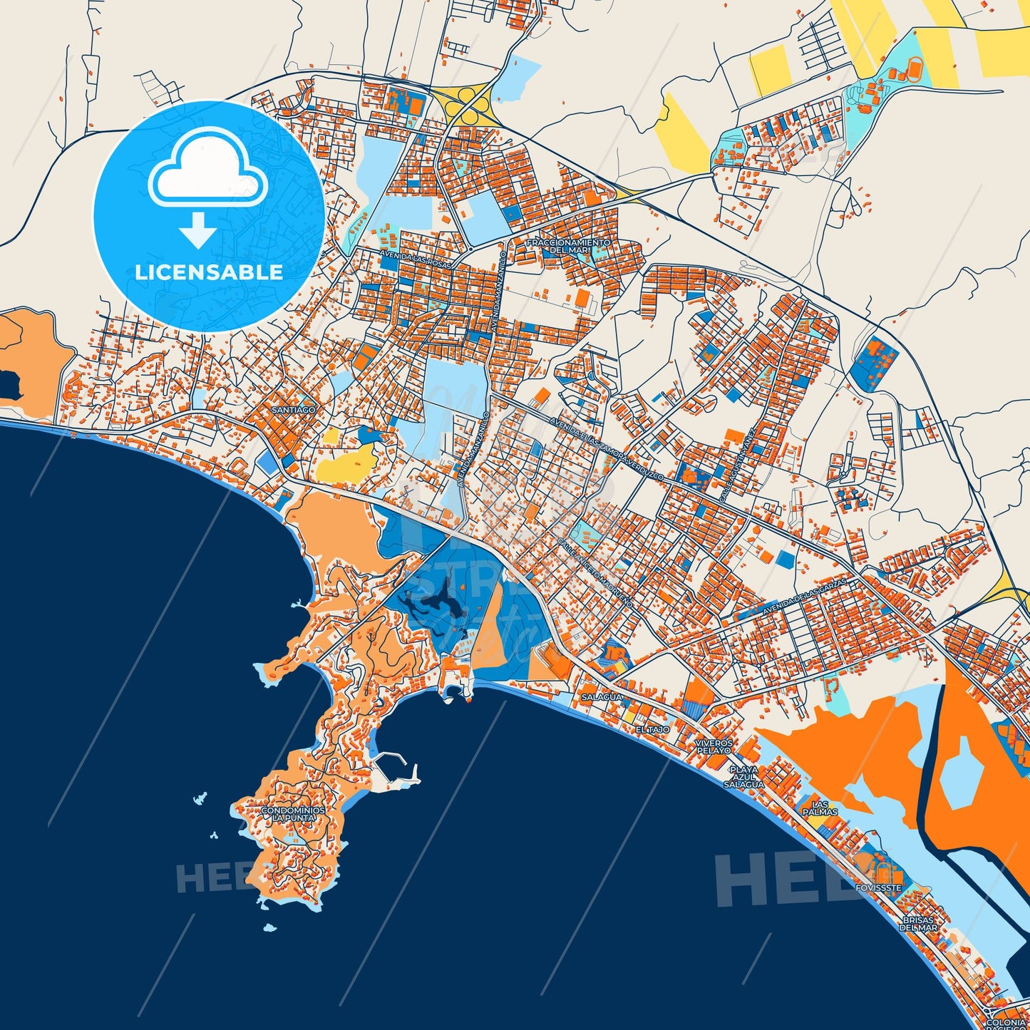 Colorful Manzanillo Street Map with Labels and Buildings
