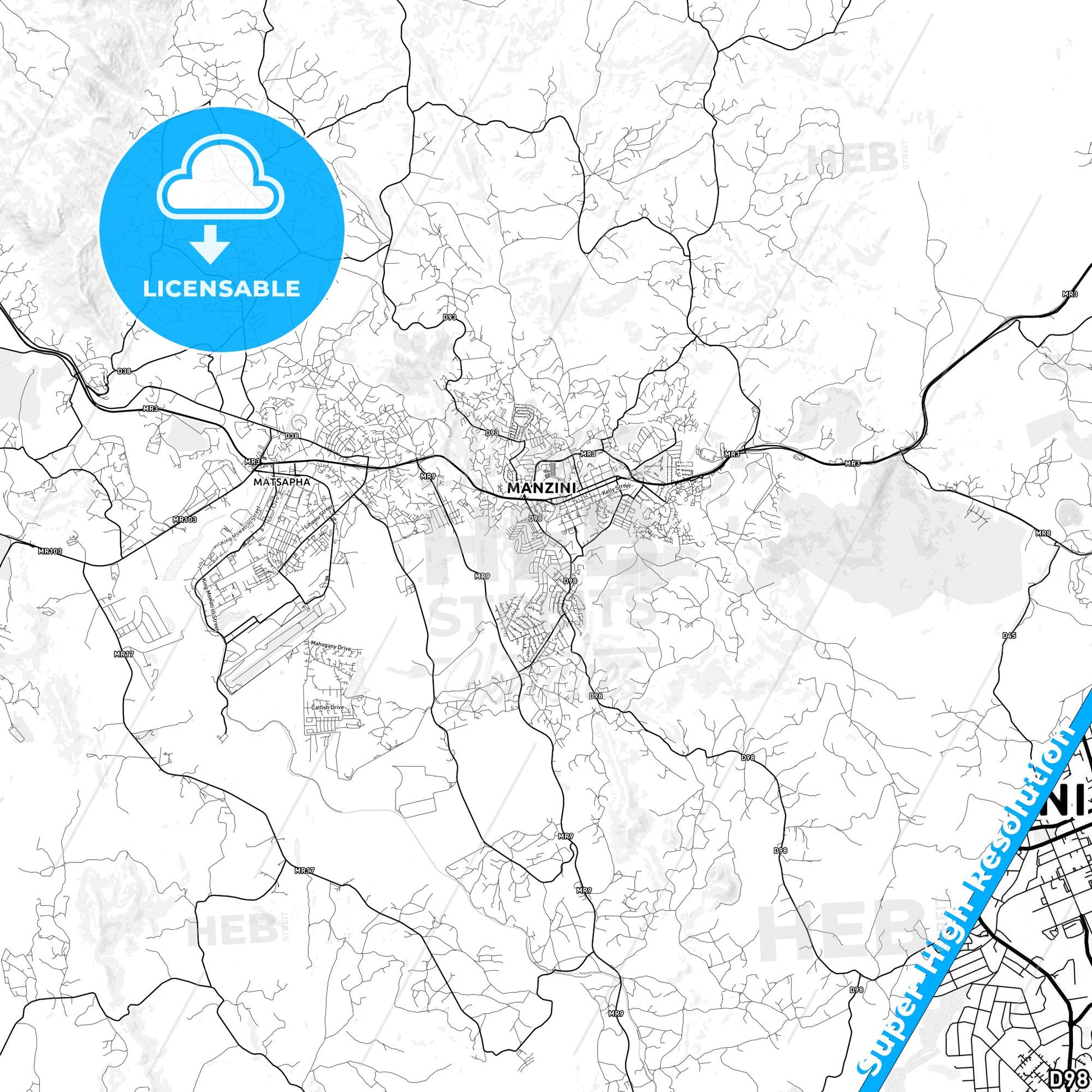Manzini, Eswatini light map with streetnames, citynames and districts