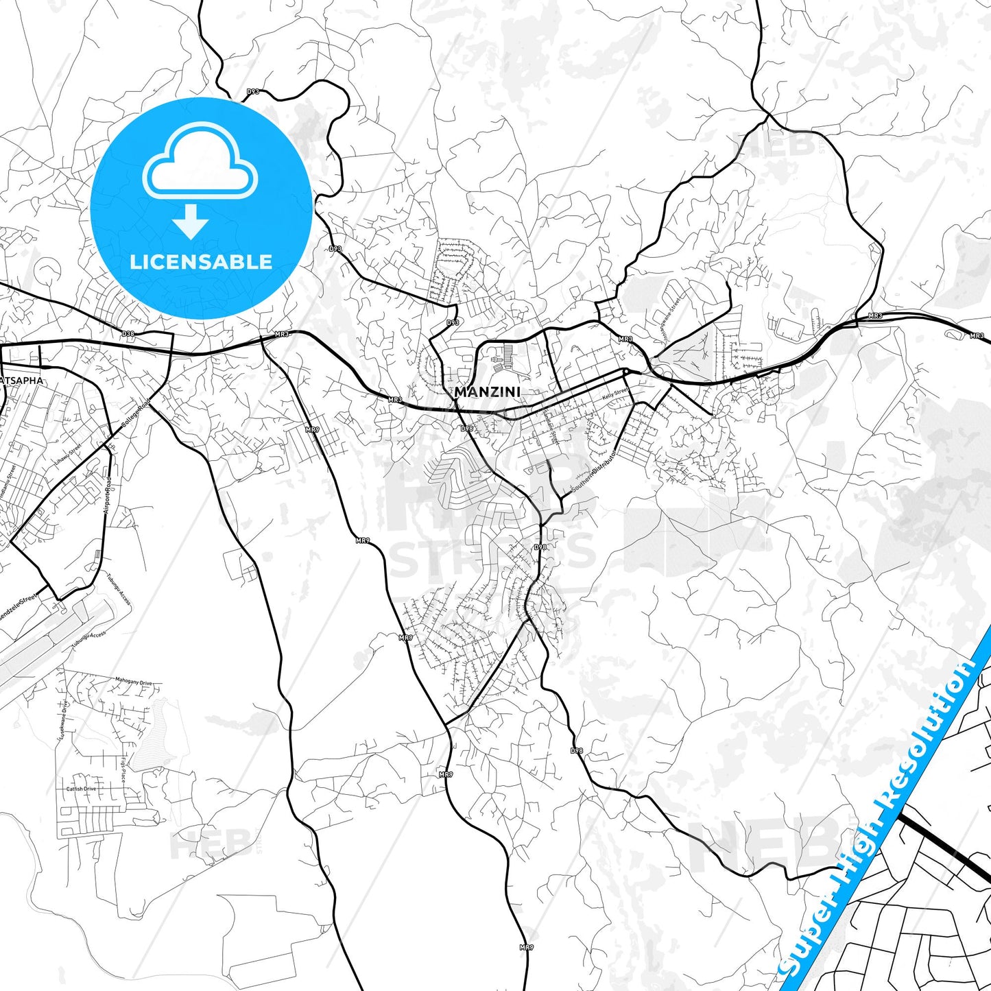 Manzini, Eswatini Light Map with Street Names, City Names, and Districts