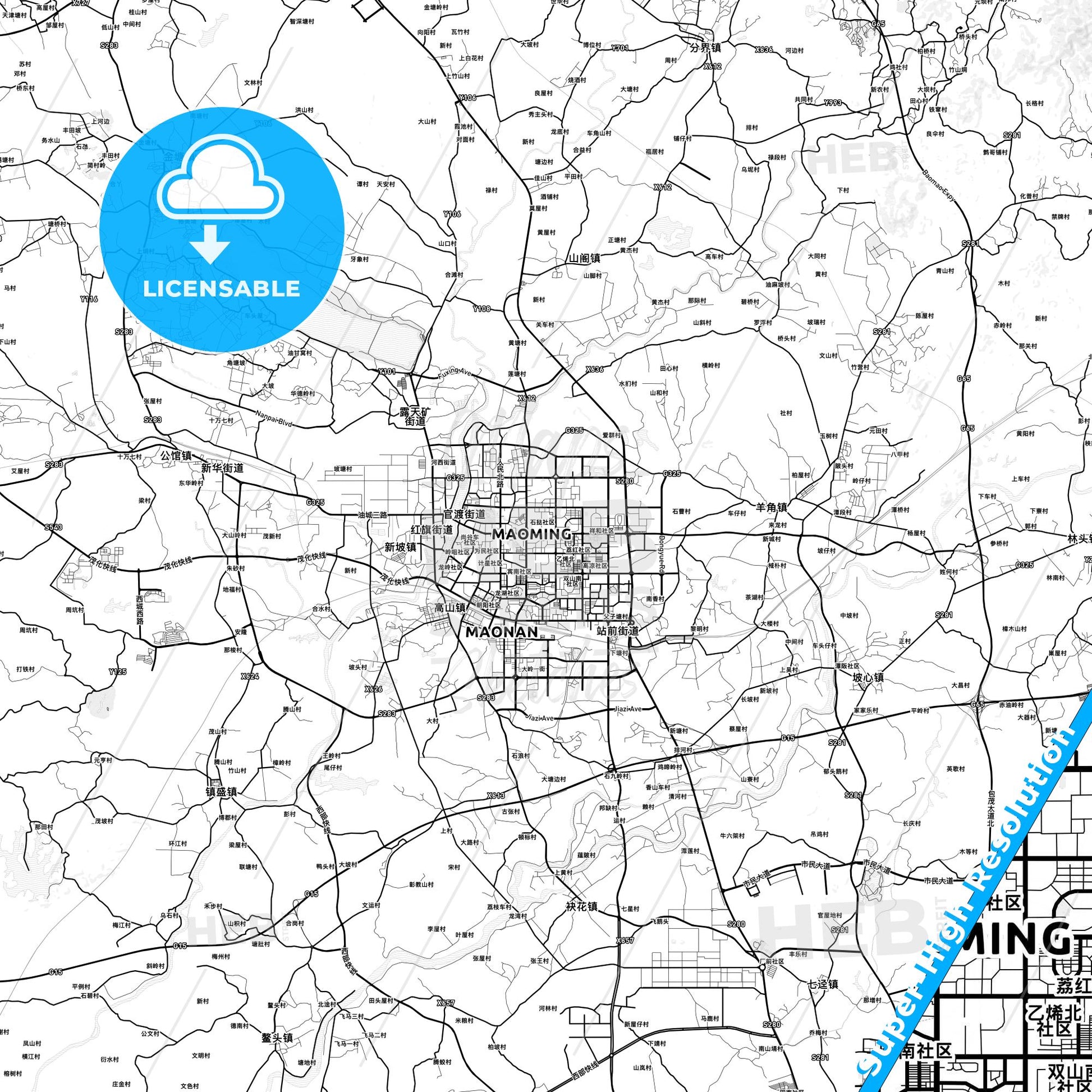 Maoming, China light map with streetnames, citynames and districts