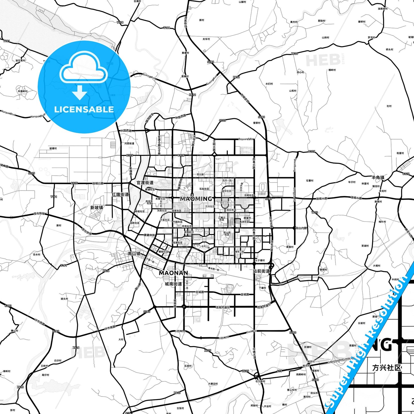 Maoming, China Light Map with Street Names, City Names, and Districts