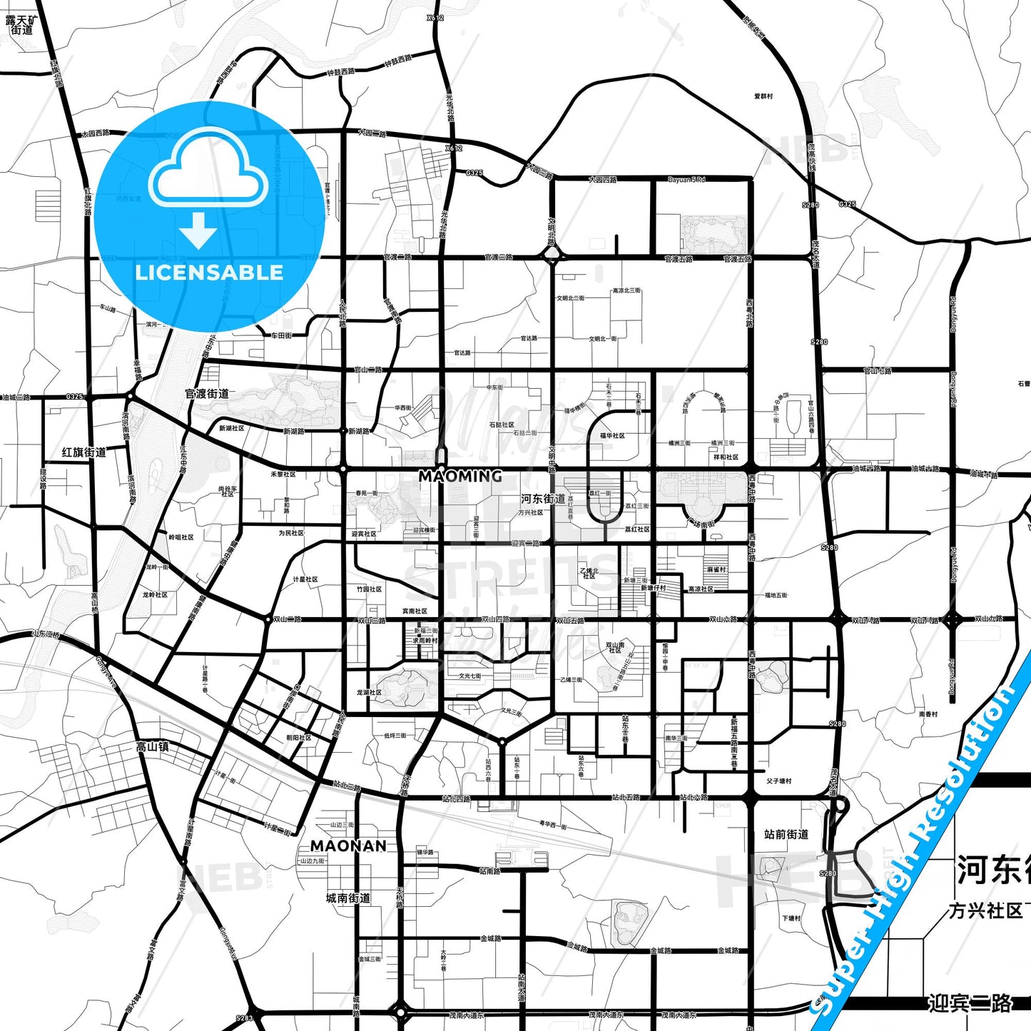 Maoming, China Light Map with Street Names, City Names, and Districts