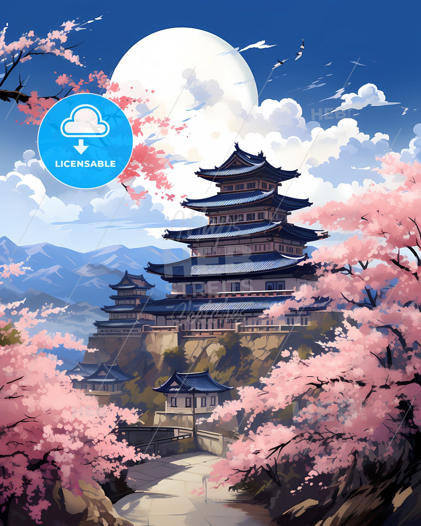 Vibrant Painting of Maoming China Skyline Featuring Building on Hilltop Adorned with Cherry Blossoms