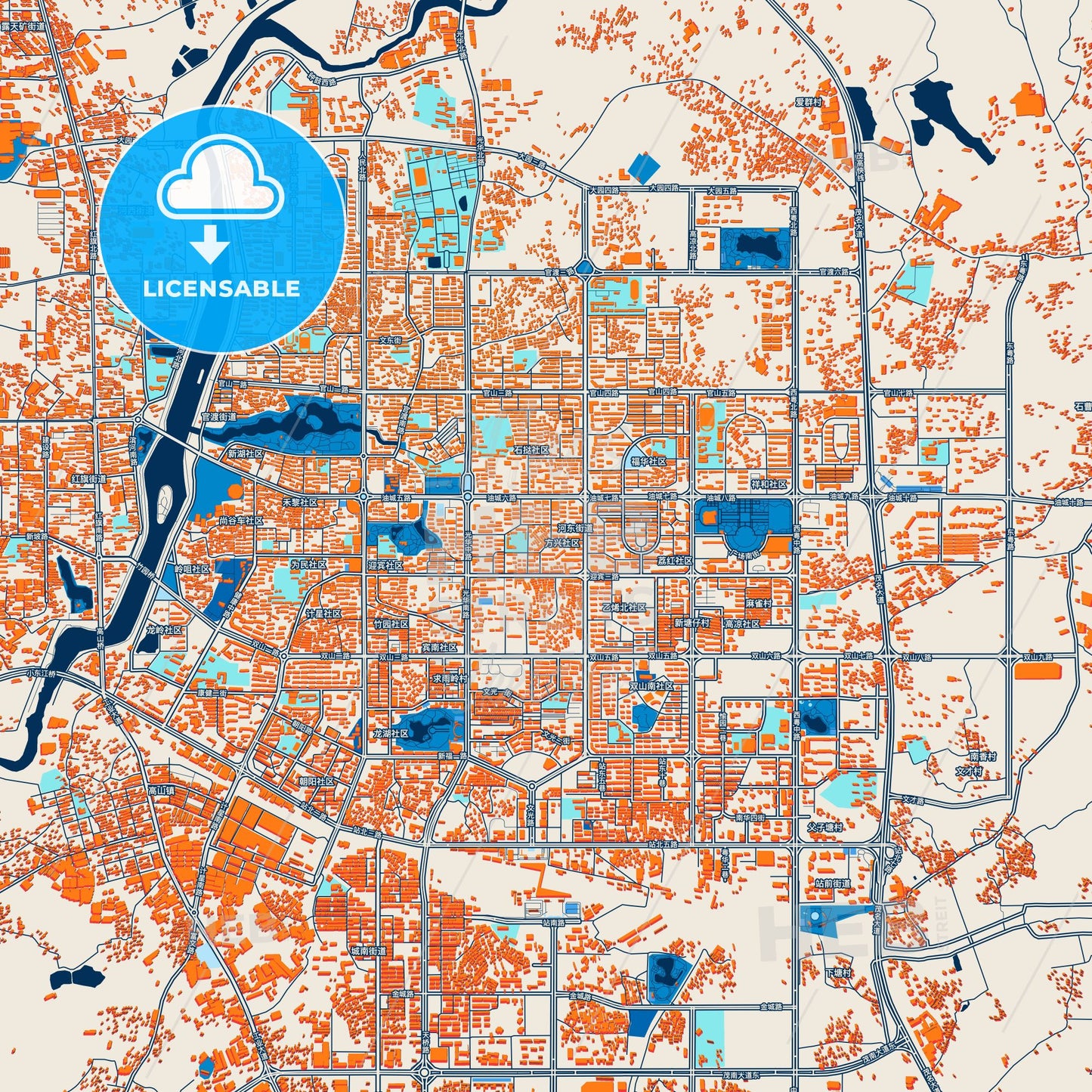 Colorful Maoming Street Map with Labels and Buildings
