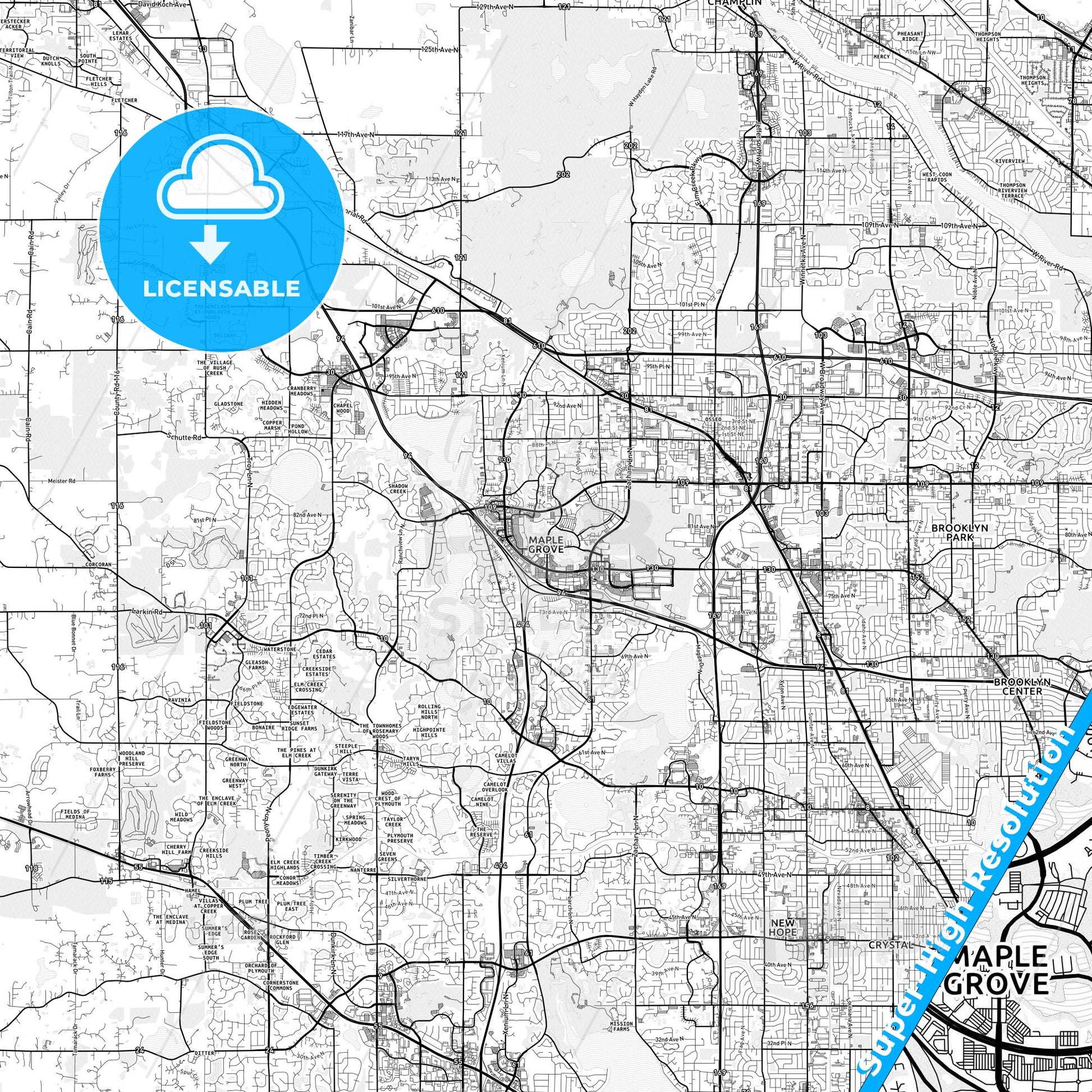 Maple Grove, Minnesota light map with streetnames, citynames and districts