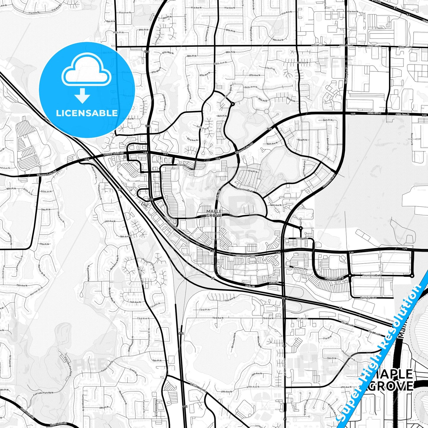 Maple Grove, Minnesota Light Map with Street Names, City Names, and Districts