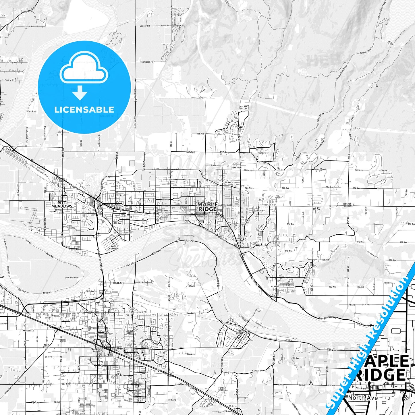 Maple Ridge, Canada light map with streetnames, citynames and districts