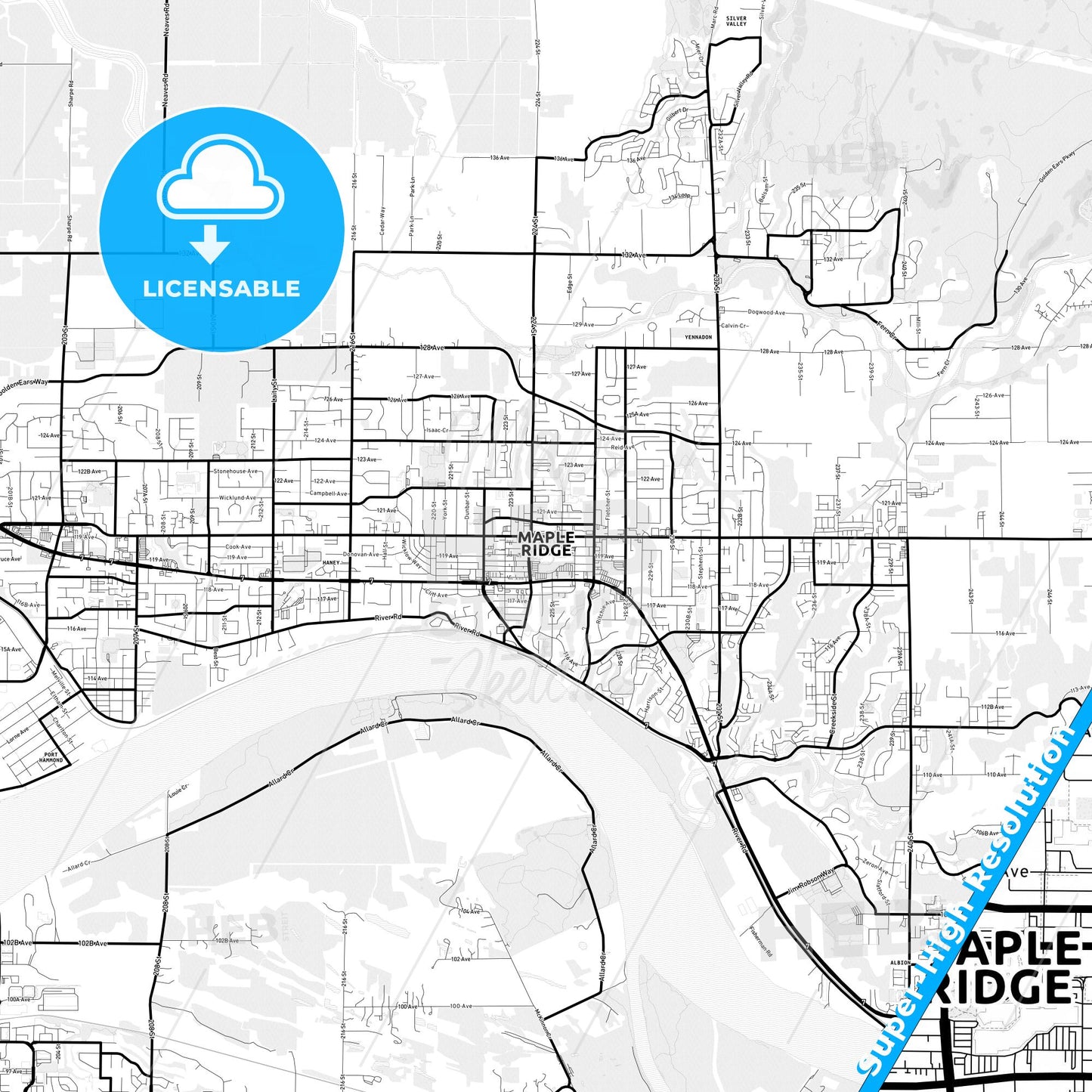 Maple Ridge, Canada Light Map with Street Names, City Names, and Districts