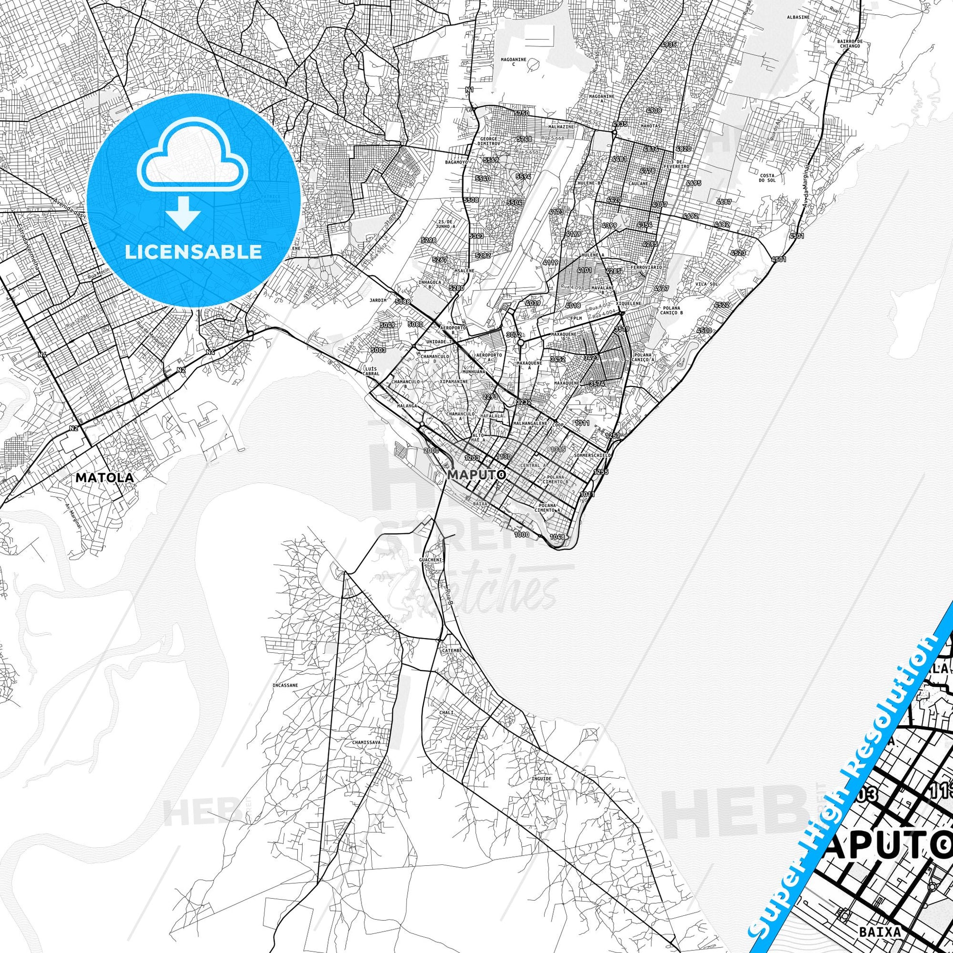 Maputo, Mozambique light map with streetnames, citynames and districts