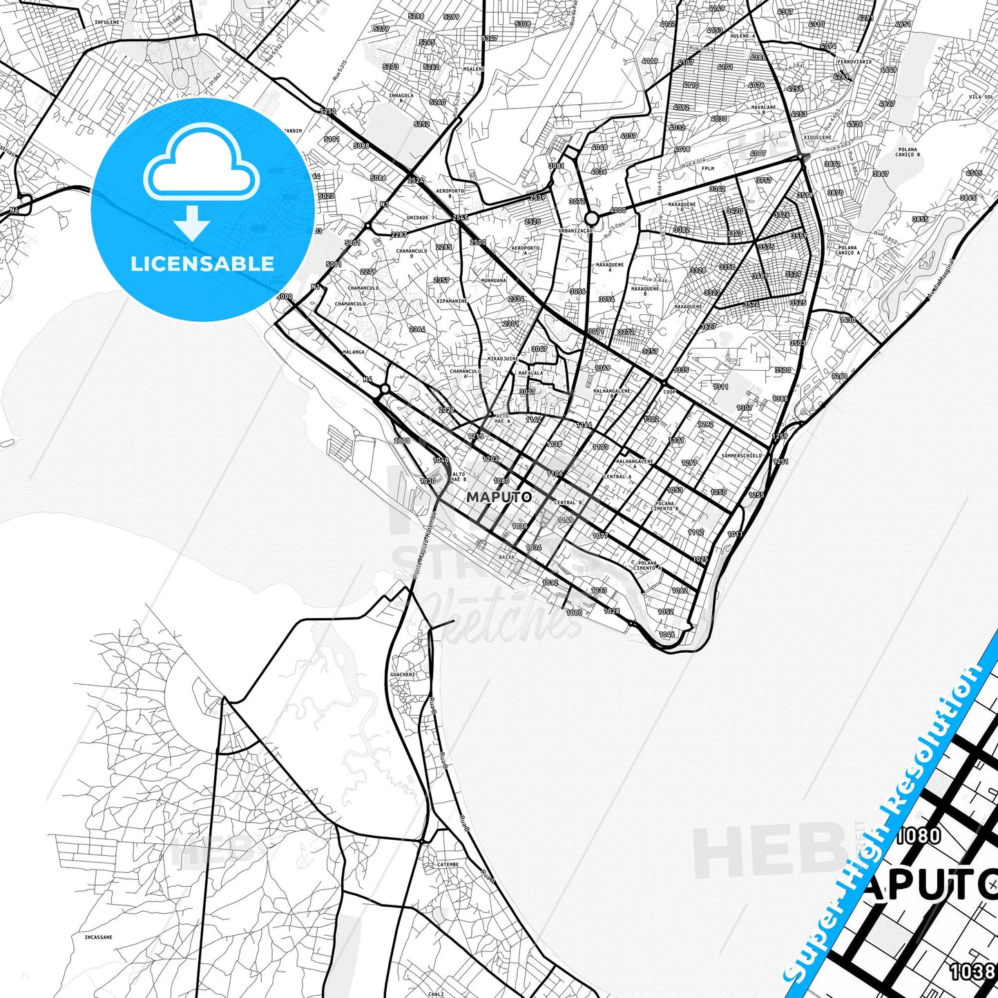 Maputo, Mozambique Light Map with Street Names, City Names, and Districts
