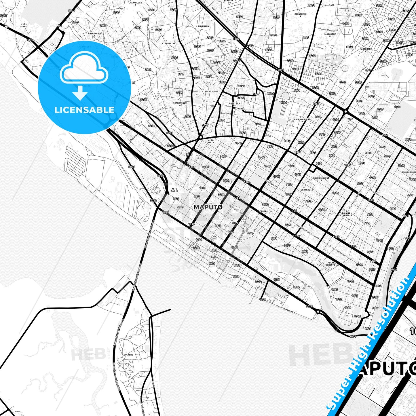 Maputo, Mozambique Light Map with Street Names, City Names, and Districts