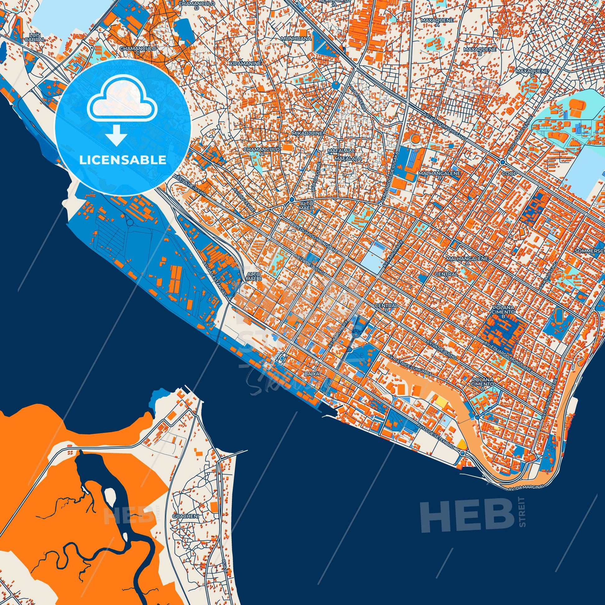 Colorful Maputo Street Map with Labels and Buildings