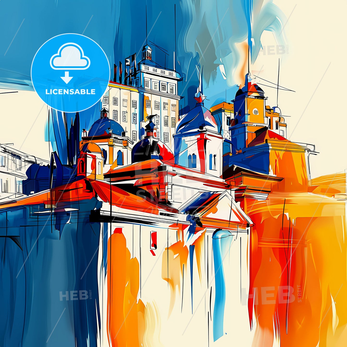 Vibrant Maputo, Mozambique - A Painting Of A Building With A Blue And Orange Background