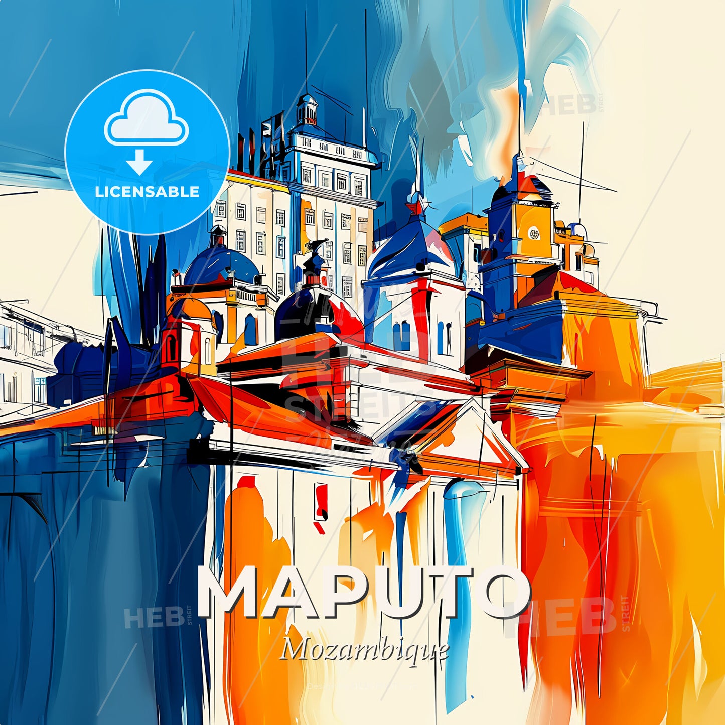 Vibrant Maputo, Mozambique - A Painting Of A Building With A Blue And Orange Background - Square format print template