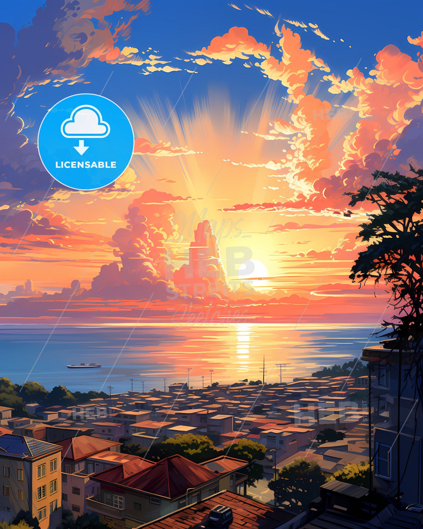 Vibrant Painting of Maputo Mozambique Skyline with Sunset Accents