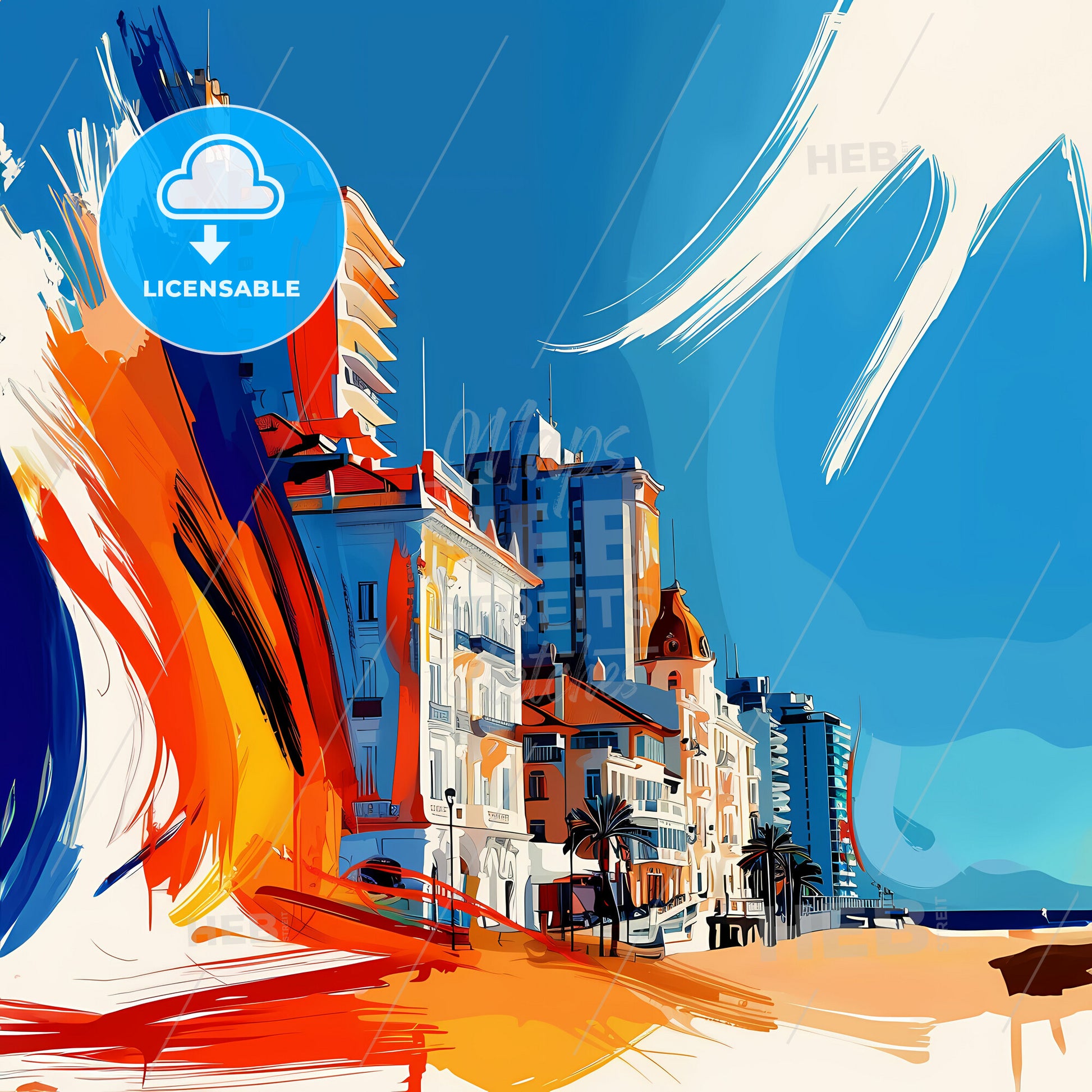 Vibrant Mar Del Plata, Argentina - A Colorful Painting Of Buildings On A Beach