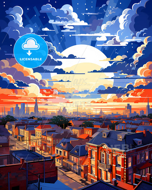 Vibrant Artistic Cityscape Painting of Mar del Plata Argentina with Colorful Buildings and Sky