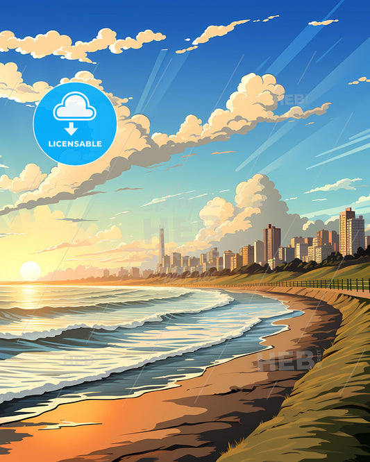 Vibrant Painting of Beach City Skyline: Mar del Plata Argentina