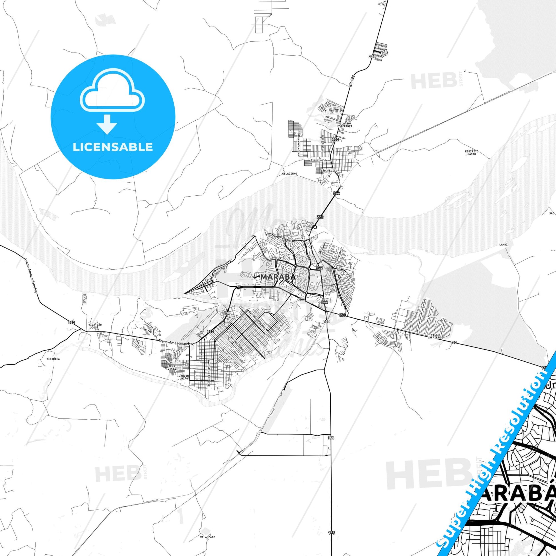 Maraba, Brazil light map with streetnames, citynames and districts