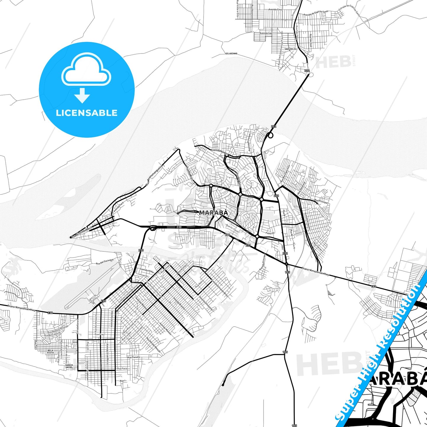 Maraba, Brazil Light Map with Street Names, City Names, and Districts