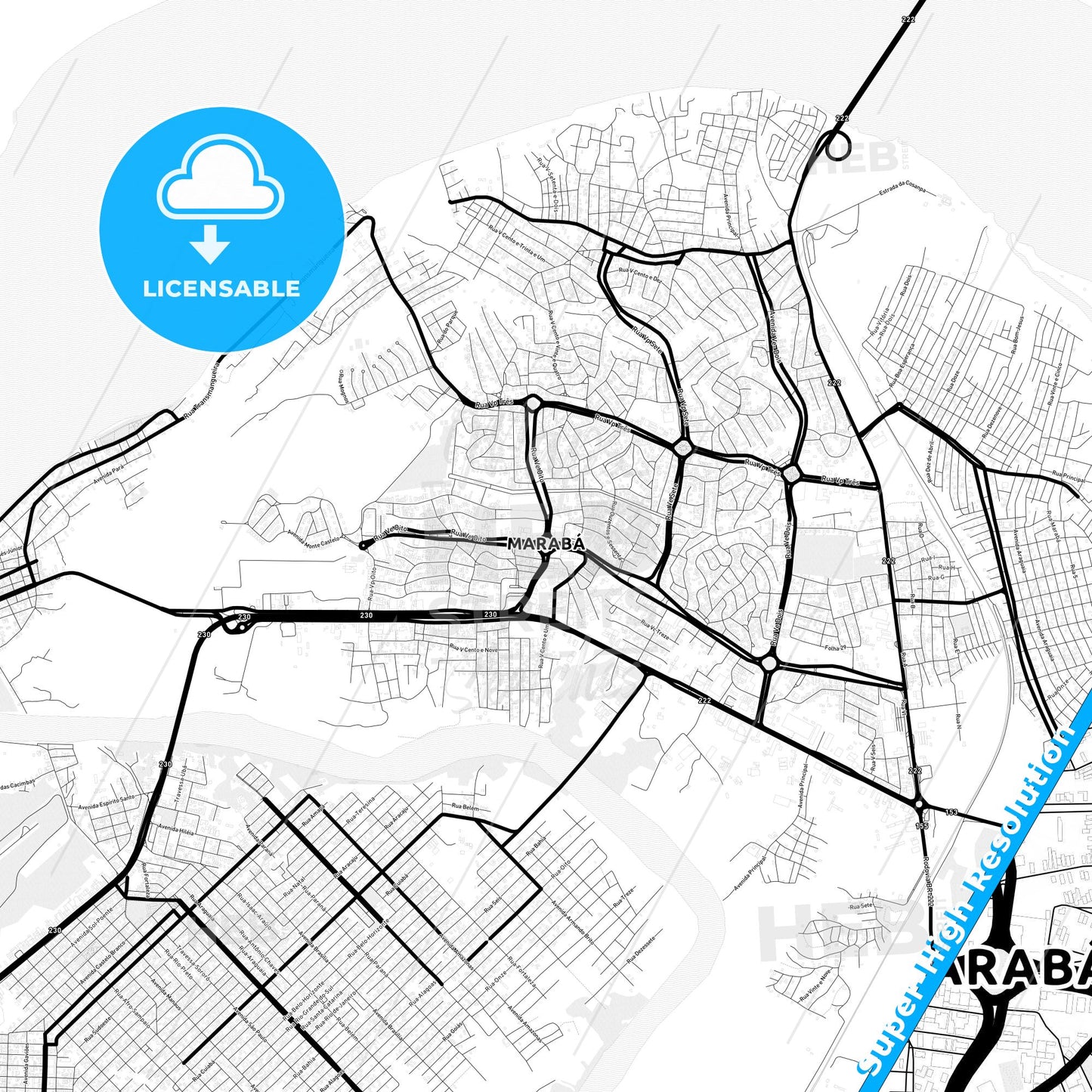 Maraba, Brazil Light Map with Street Names, City Names, and Districts