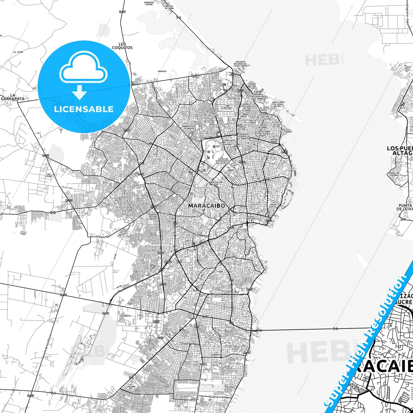 Maracaibo, Venezuela light map with streetnames, citynames and districts