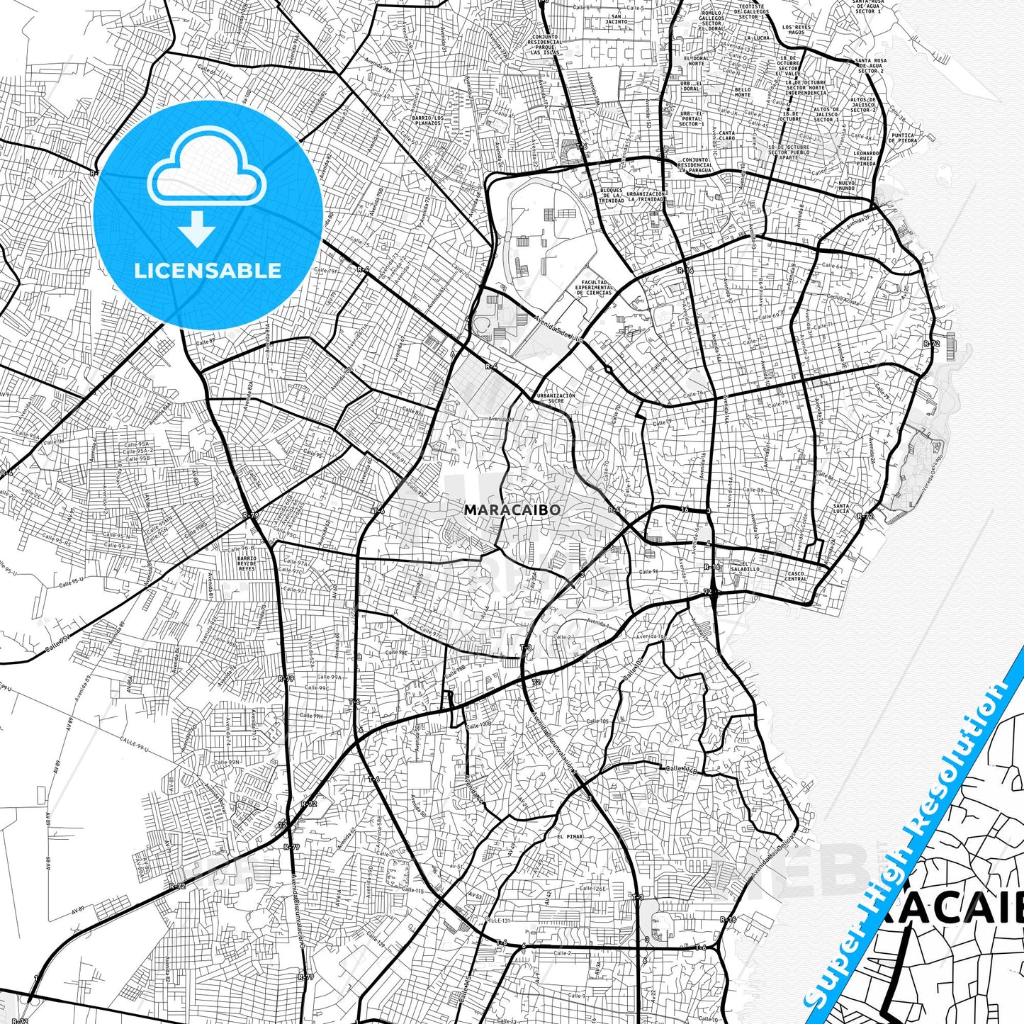 Maracaibo, Venezuela Light Map with Street Names, City Names, and Districts