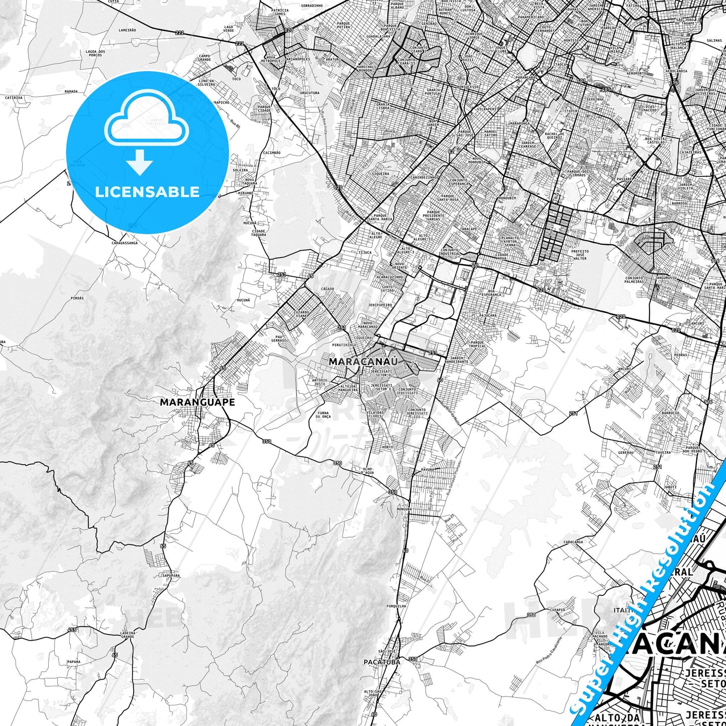 Maracanau, Brazil light map with streetnames, citynames and districts