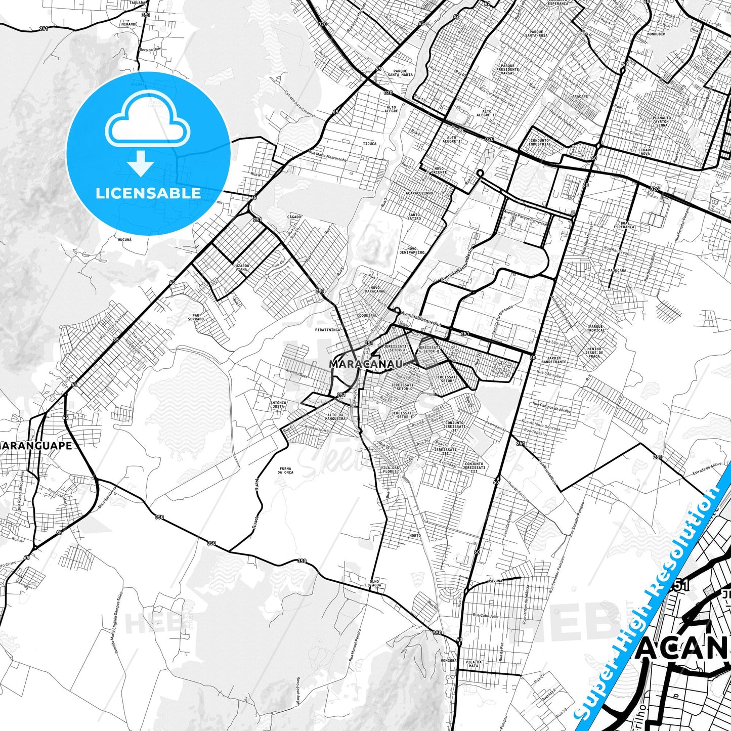 Maracanau, Brazil Light Map with Street Names, City Names, and Districts
