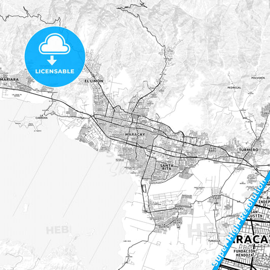 Maracay, Venezuela light map with streetnames, citynames and districts