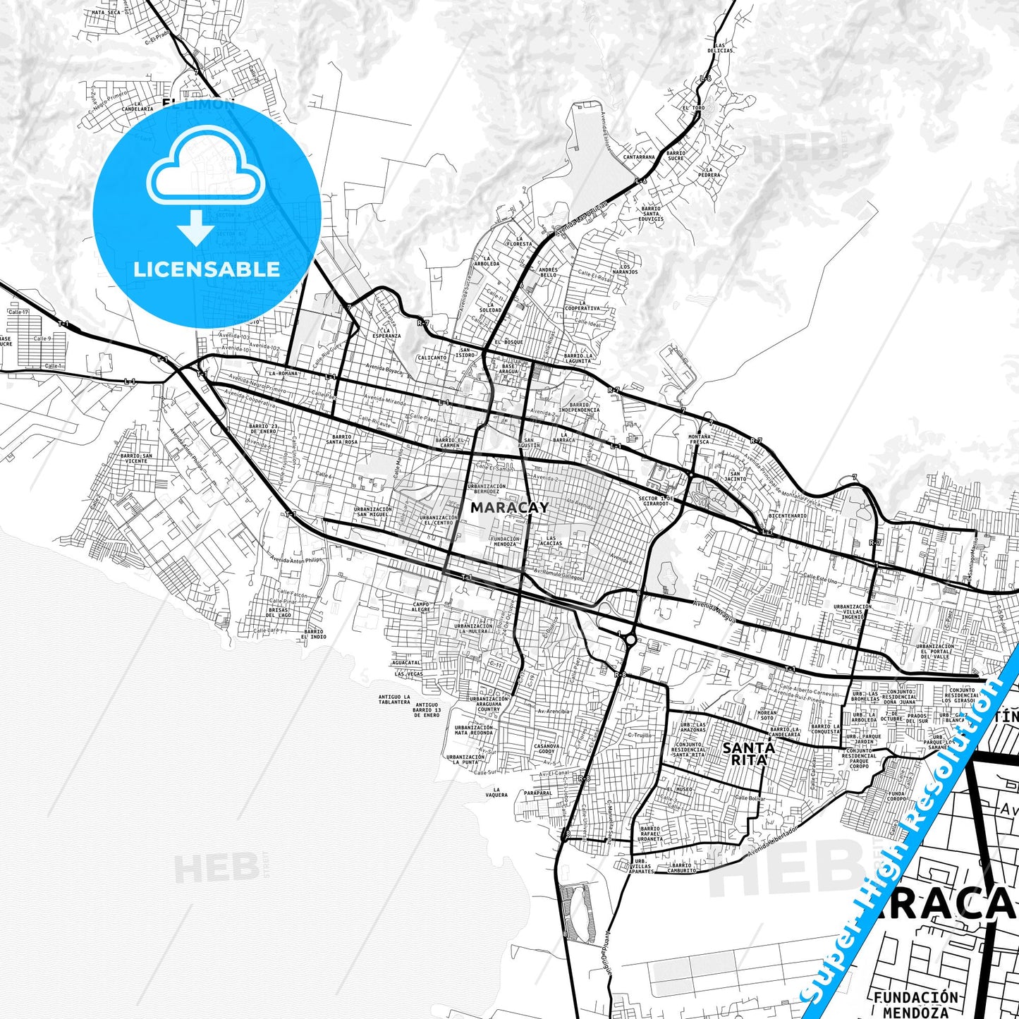Maracay, Venezuela Light Map with Street Names, City Names, and Districts