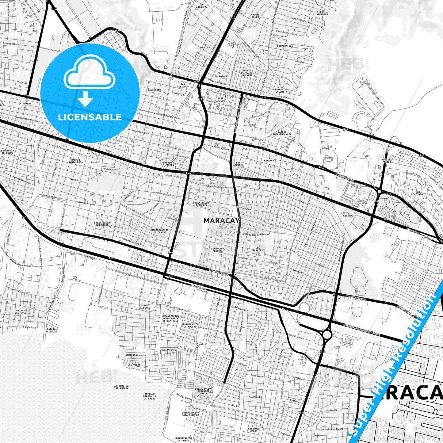 Maracay, Venezuela Light Map with Street Names, City Names, and Districts