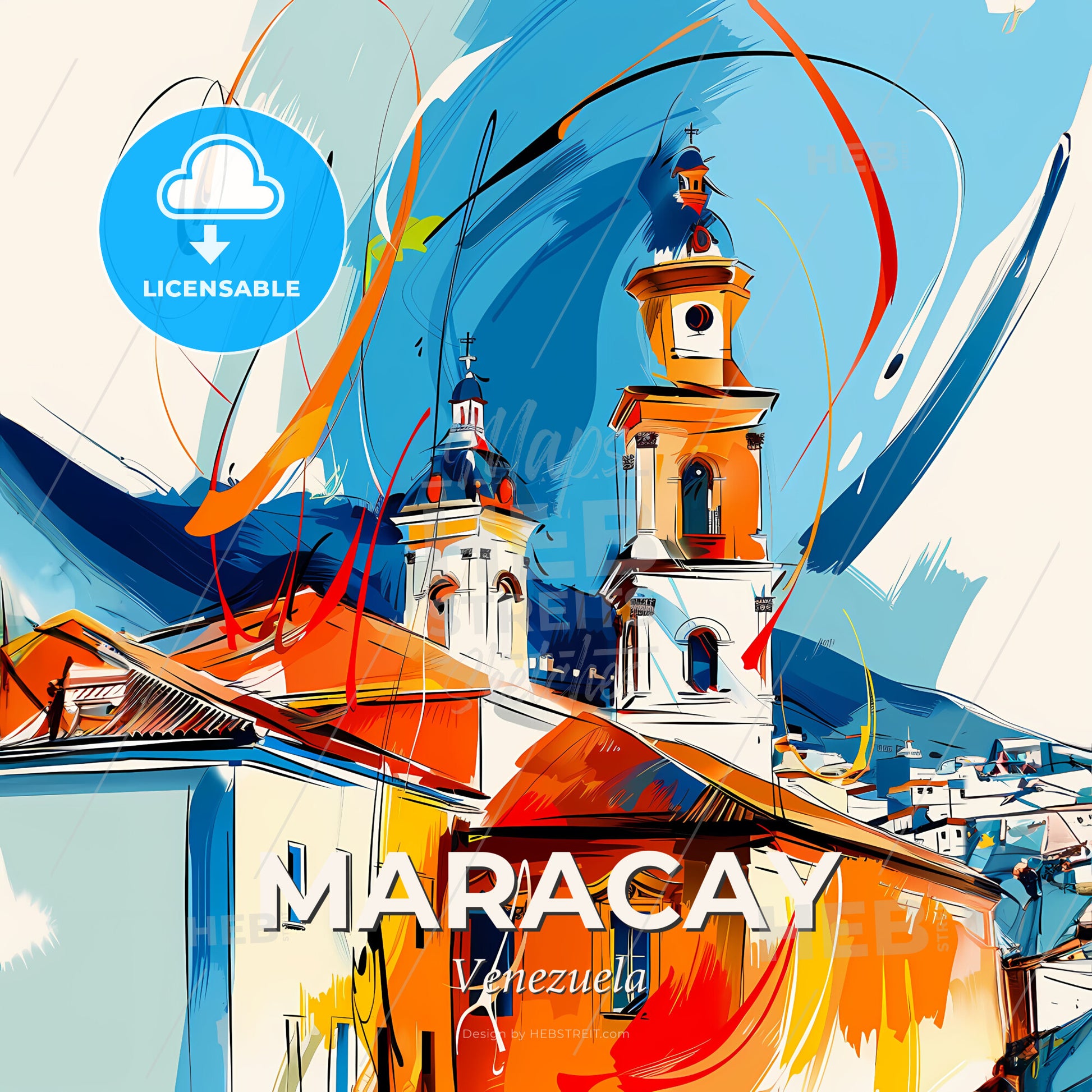 Vibrant Maracay, Venezuela - A Painting Of A Building With A Tower - Square format print template