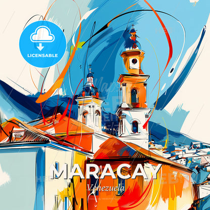 Vibrant Maracay, Venezuela - A Painting Of A Building With A Tower - Square format print template