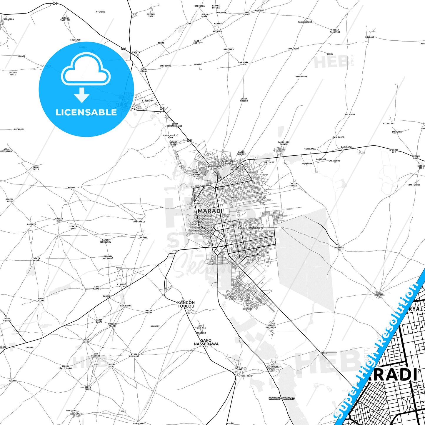 Maradi, Niger light map with streetnames, citynames and districts