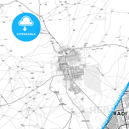 Maradi, Niger light map with streetnames, citynames and districts