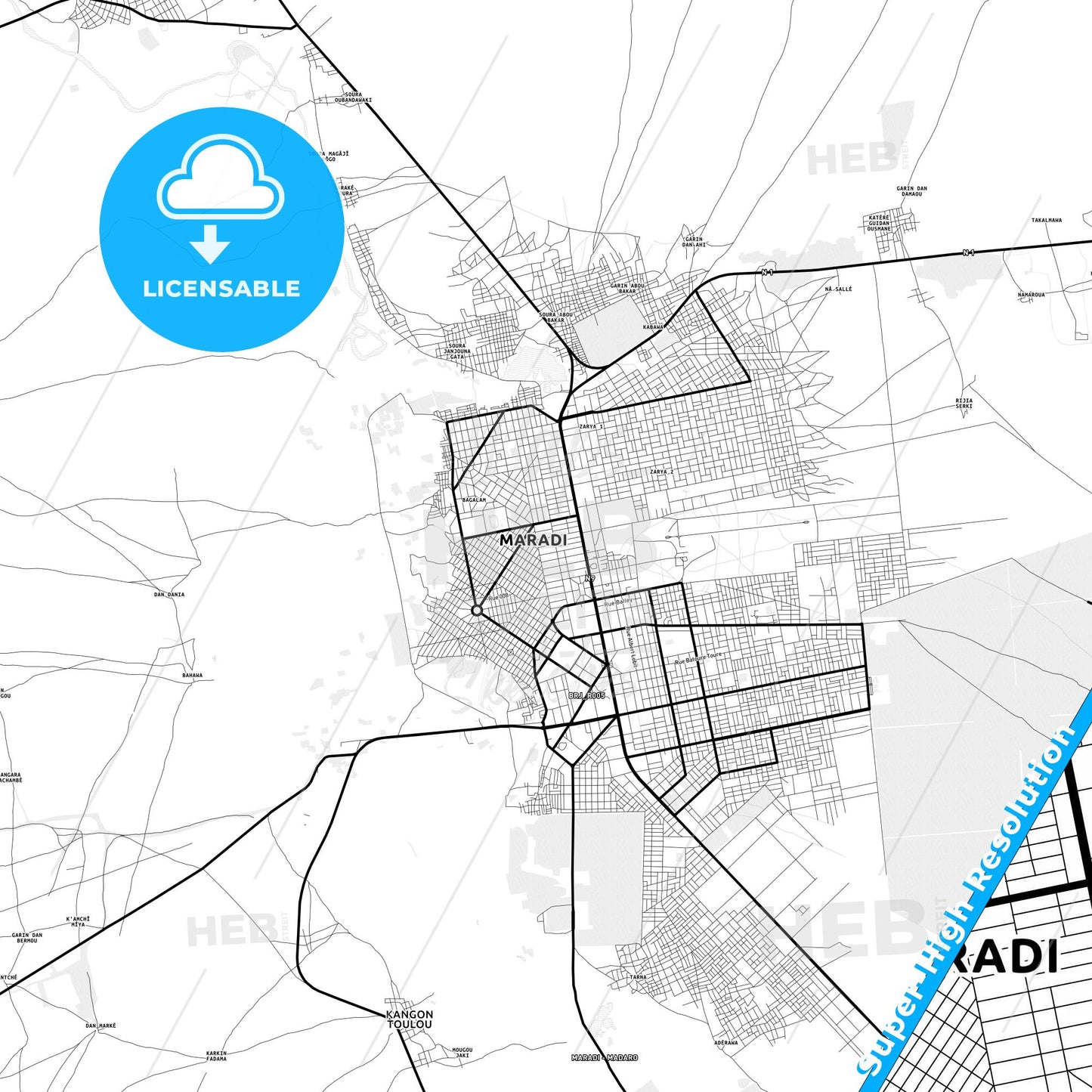 Maradi, Niger Light Map with Street Names, City Names, and Districts
