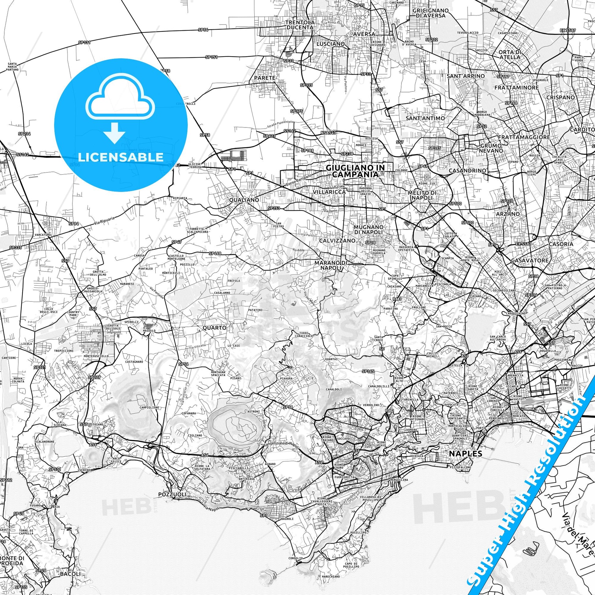 Marano di Napoli, Italy light map with streetnames, citynames and districts