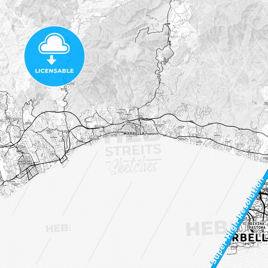 Marbella, Spain light map with streetnames, citynames and districts