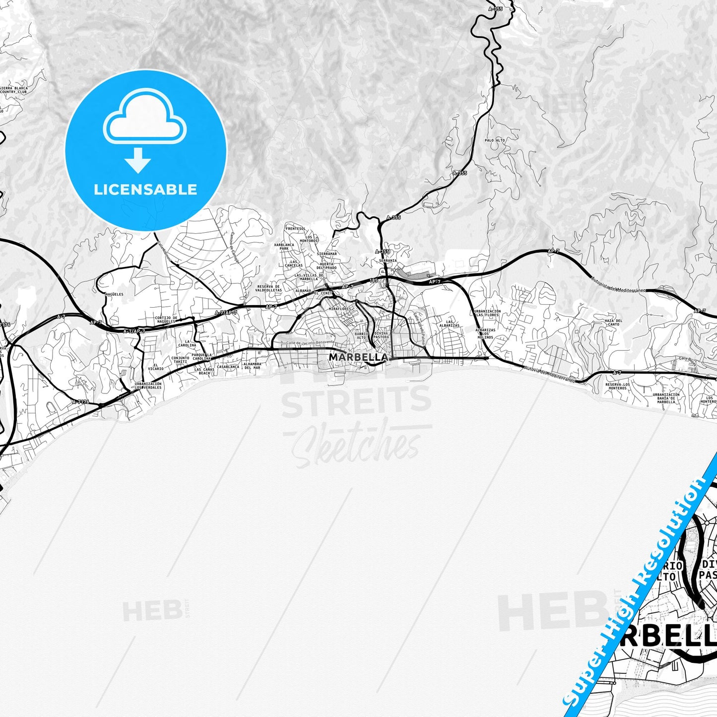 Marbella, Spain Light Map with Street Names, City Names, and Districts